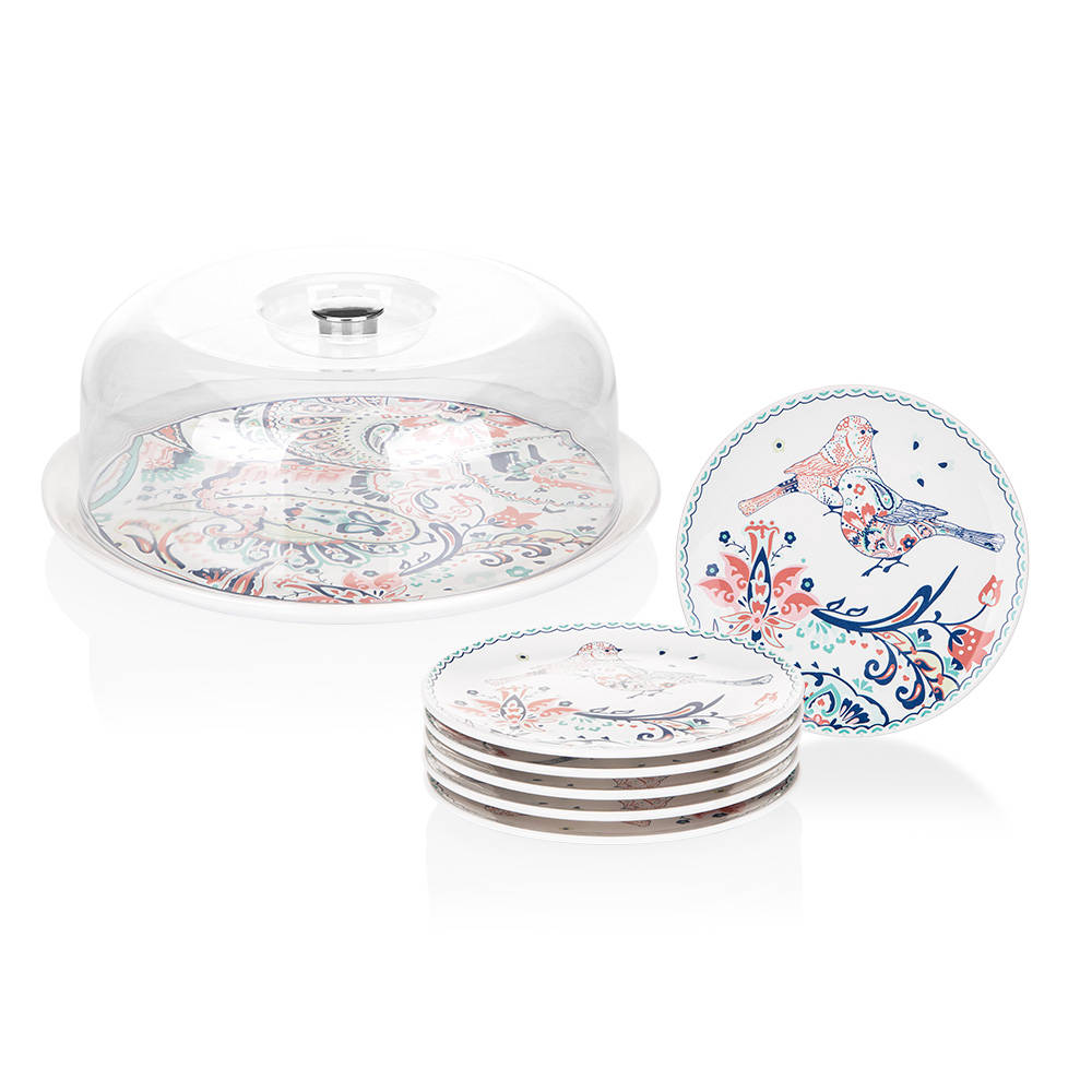 Seramik Kek Fanusu & 6 Kişilik Pasta Tabağı