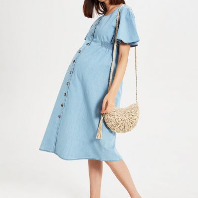 Hamile Düğme Detaylı Jean Elbise-