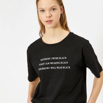 Yazılı Baskılı T-Shirt - Siyah--