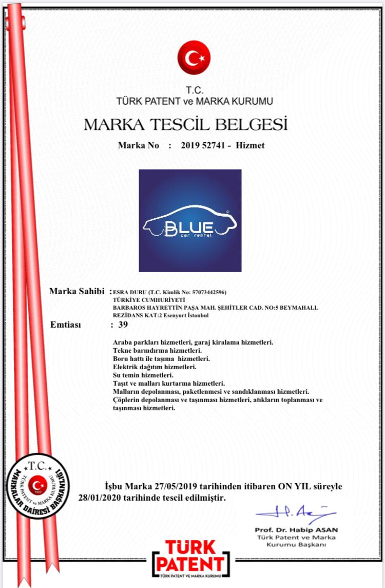 Blue Car Rental Marka Tescil Belgesi