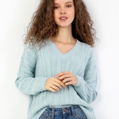 Regular Fit Kadın V Yaka Yeşil Kazak