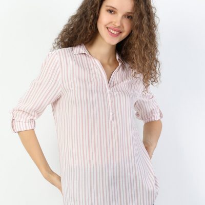 Regular Fit Shirt Neck Kadın Pembe Uzun Kol Bluz