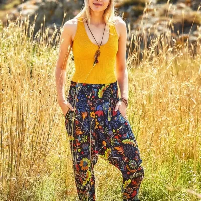 Tropik Desenli Gipe Bel Kadın Şalvar Pantolon